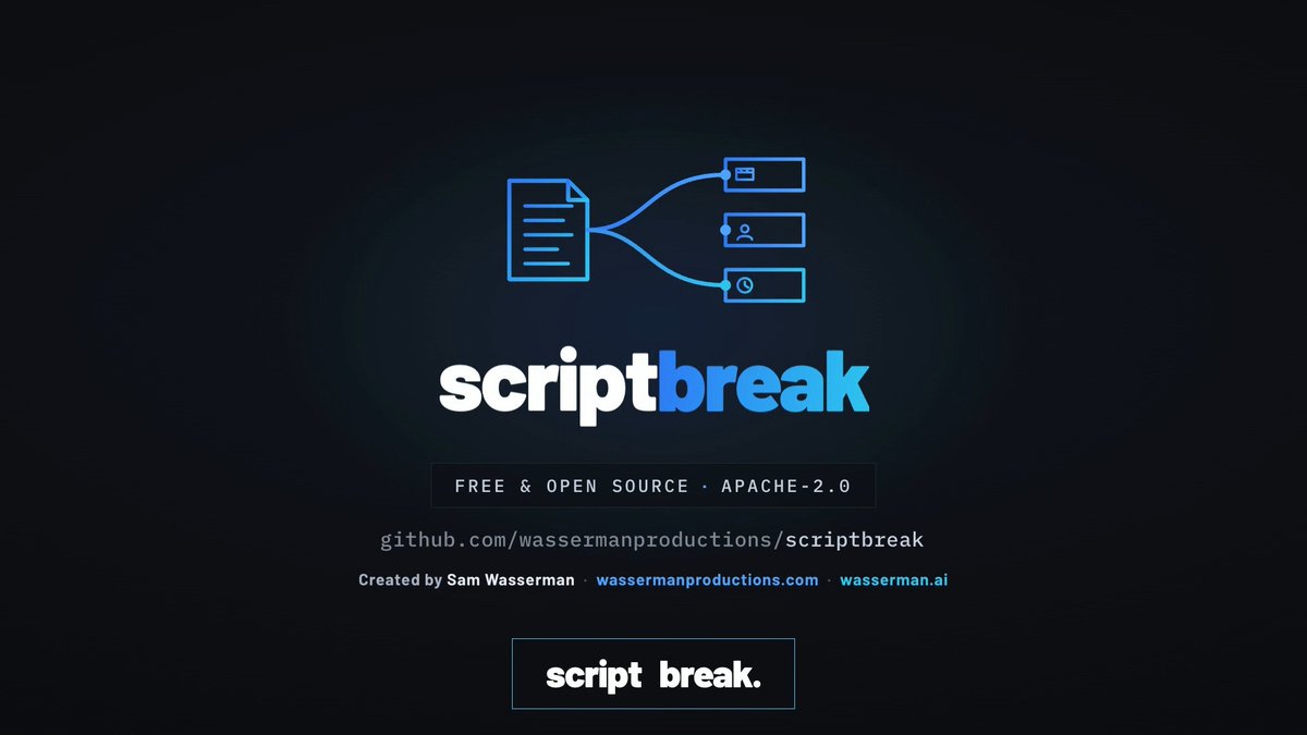 Sneak Preview: ScriptBreak 🎬 My new free & open source app coming soon. Script Break reads your script, many formats + gets every scene, element, character bible, shot list & a full timeline instantly. Then can export prompt packs that run in any AI tool. No API keys needed.