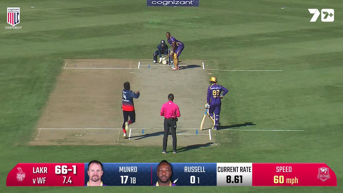 That is a PEACH from Nikhil Chaudhary 🍑 He's cleaned Andre Russell up! Tune into the MLC Grand Final: