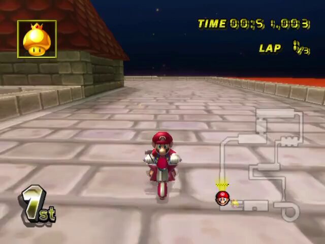 In Mario Kart Wii, CPUs will deliberately chase the player when they're nearby if they're using a Mega Mushroom or have a Thundercloud, deviating from their usual paths in an attempt to catch the player. (1/2)