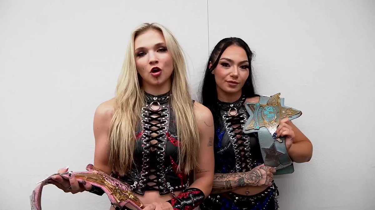 NEW Artist of Stardom Champions Sisters of Sin (julia hart &amp; @SkyeByee) have laid down a challenge to the AEW Women's World Tag Team Champions Divine Dominion. The catch? They want a Hardcore Match! Watch #AEWCollision on TNT &amp; HBO Max