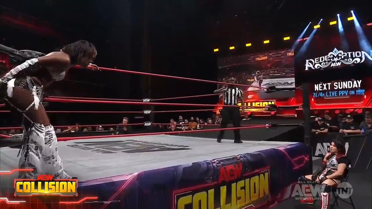 Queen Aminata gives @ShidaHikaru a front row seat to a double stomp at ringside! Watch #AEWCollision on TNT & HBO Max