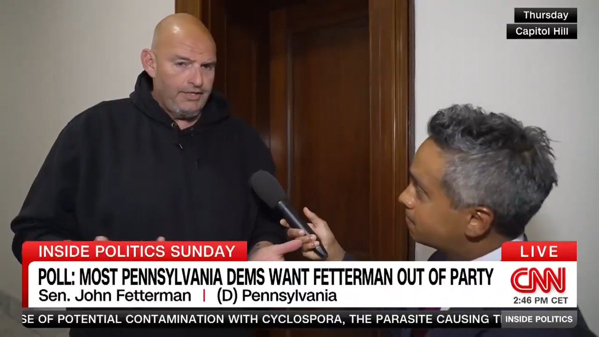 "It's strange." Pennsylvania Sen. John Fetterman tells Manu Raju he doesn't "understand" why 57% of his state's Democrats want him to leave the party, despite him voting with the party most of the time. #InsidePolitics