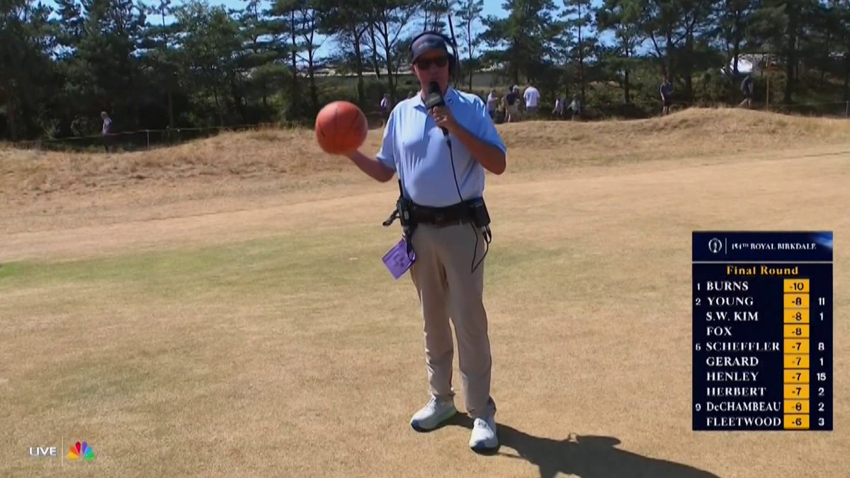Bones dribbles a basketball to illustrate how firm the fairways are on Sunday at The Open 🤌🏀 📺 NBC