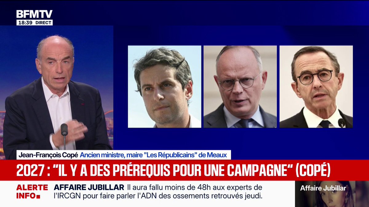 💬 "Il faudra qu'à l'automne, ceux qui sont le moins bien placés des trois, se retirent" ➡️ Jean-François Copé (LR) à propos des candidatures de Gabriel Attal, Édouard Philippe et Bruno Retailleau