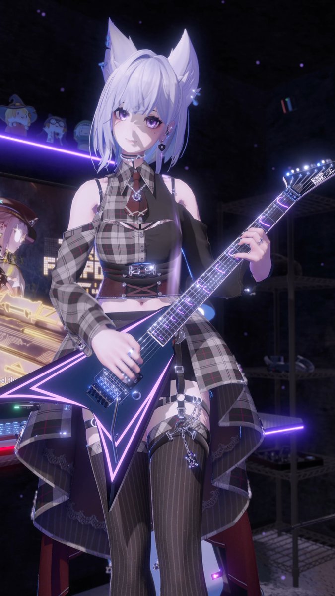 Been using TRUE FIREPOWER (NIKKE) as my guitar mocap tech testing ground. Here’s the updated instrumental version with all the new tech I’ve built recently! ✨Glowing Strap —Replaced the traditional guitar strap with a dynamic light beam. It intelligently fades and conforms to the body surface near shoulders and chest, maintaining natural tension while completely eliminating clipping and clothing obstruction. Built with Catmull-Rom splines, my best answer to making virtual gear feel physically real. ✨String Dynamics — Strings now vibrate in sync with the actual performance. Bends and vibrato drive precise geometry deformation exactly where the fingers move. The stronger the bend, the brighter the white glow, mimicking real string reflection under tension. GPU-driven vertex displacement via custom Timeline tracks. ✨Gaze System Update — Eyes now track targets with natural eyelid follow. Looking down makes the lids droop realistically. Added blink detection to prevent eyelid clipping during blinks when looking down. ✨Leg IK Update — Foot is pulled downward to extend the knee, with a minimum bend angle to prevent lock-out. Deformation is subtly distributed across the whole leg, allowing the foot to reach its target without visible sliding or breaking the silhouette. #GuitarMocap #NIKKE #ギタリストVTuber