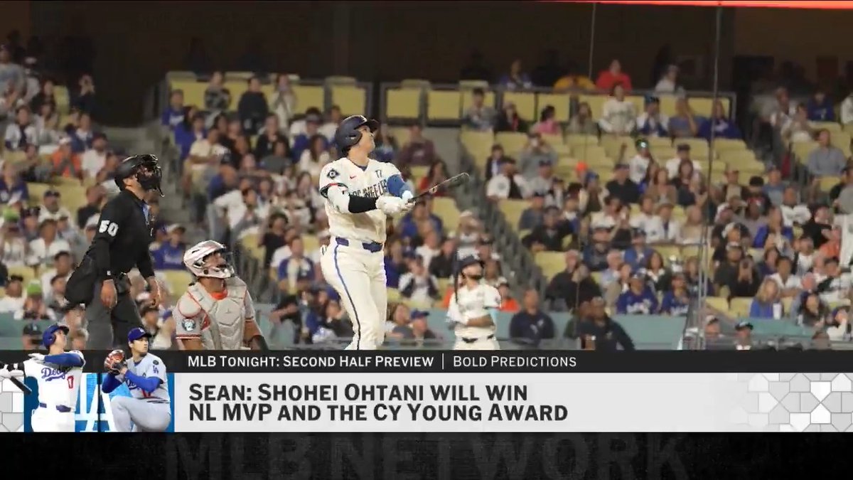 #MLBTonight dives into their boldest predictions for the second half: Sean Casey: Shohei Ohtani MVP + Cy Young?! 🤯 Yonder Alonso: Kyle Schwarber hits 60 homers 🧨 Adnan Virk: Esmerlyn Valdez hits 30 homers 🏴☠️