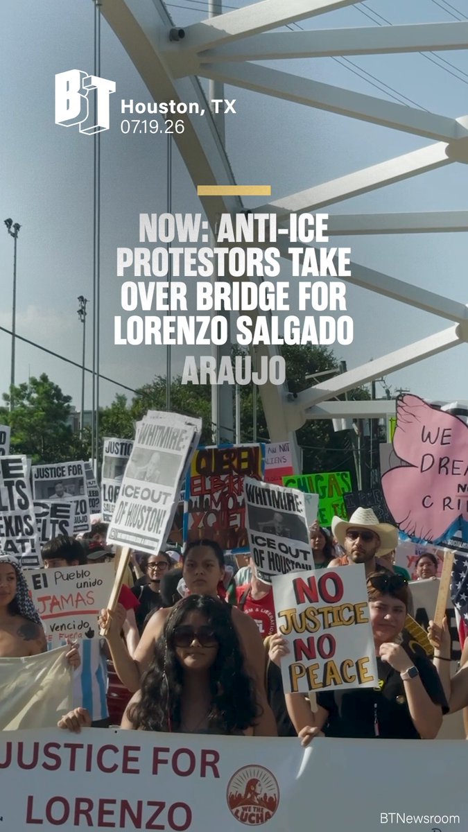 HAPPENING NOW: Thousands have shut down Hazard St. Bridge in Houston for Lorenzo Salgado Araujo. The July 7 killing of the 52-year-old Mexican national by ICE has sparked nationwide protests, with demonstrations continuing in his hometown. Salgado Araujo’s family is demanding an independent investigation into his killing. This demonstration comes as ICE detained more than 10,000 people last week amid a sweeping immigration crackdown.