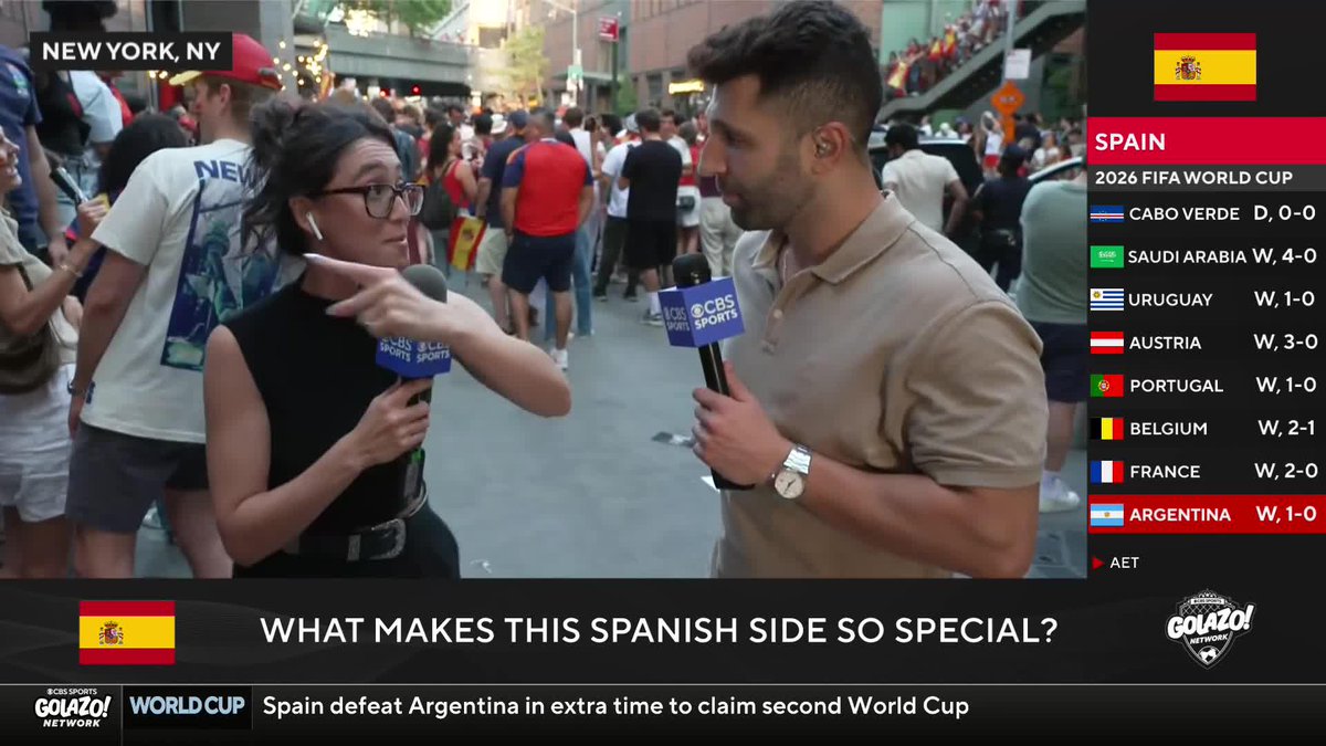 "This is what New York is about, everyone has got to celebrate together." Marco Messina and Claudia Pagán enjoying the incredible atmosphere in NY after Spain's World Cup triumph 🗽