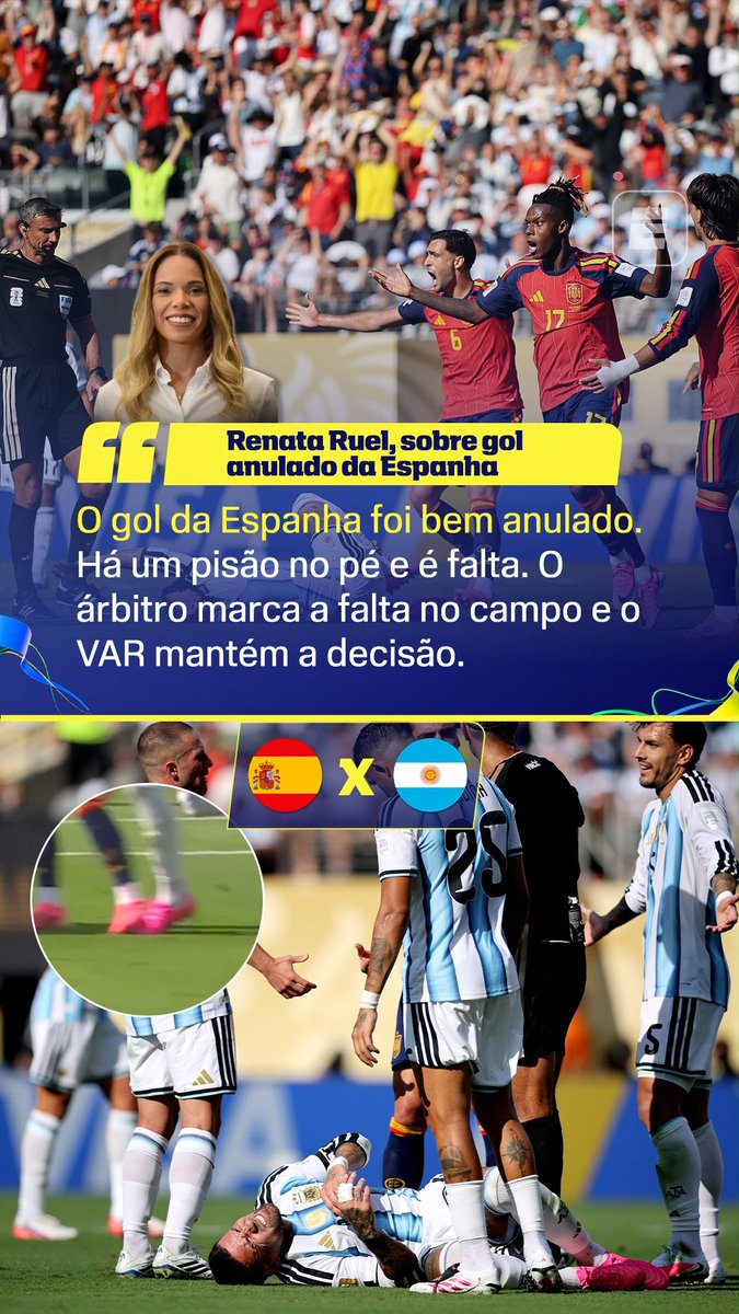 Renata Ruel, comentarista de arbitragem da ESPN, diz que gol de Nico Williams em Espanha 1x0 Argentina foi BEM ANULADO: “Há um pisão (de Merino em Otamendi), e esse pisão é falta. O gol foi bem anulado!” 🎥 ESPN Brasil