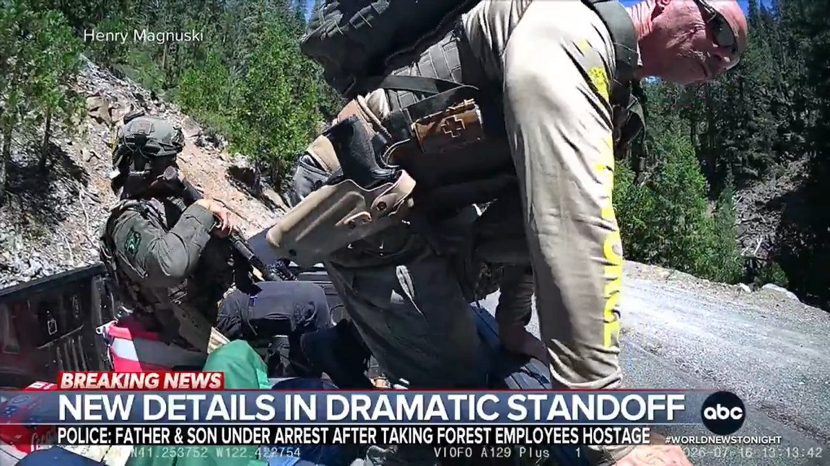 Two U.S. Forest Service workers were kidnapped at gunpoint and zip tied near Gumboot Lake, California. After a 12-hour standoff with FBI and SWAT teams, the hostages were freed. The father-son suspects face federal kidnapping charges. Jaclyn Lee reports.