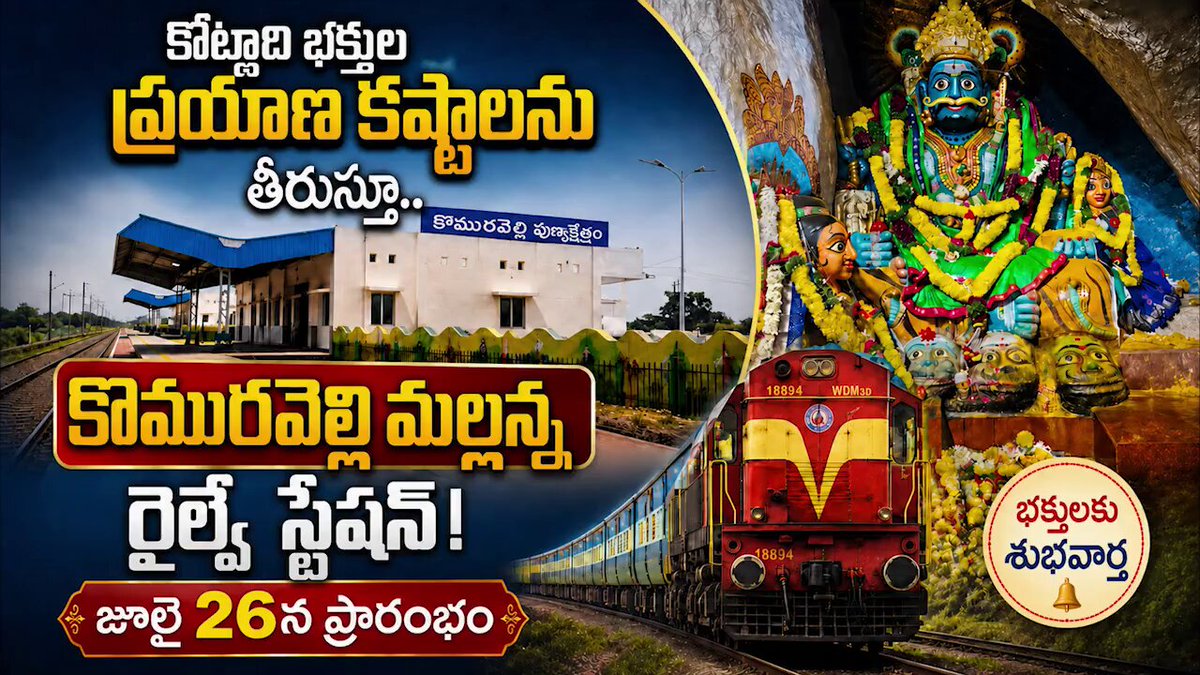 తెలంగాణలోనే కాకుండా దేశవ్యాప్తంగా ఎంతో ప్రసిద్ధి చెందిన ప్రముఖ పుణ్యక్షేత్రం కొమురవెల్లి మల్లన్న దర్శనానికి వచ్చే కోట్లాది మంది భక్తుల ప్రయాణ కష్టాలు తీరనున్నాయి. భక్తుల సౌకర్యాన్ని దృష్టిలో ఉంచుకుని గౌరవ ప్రధానమంత్రి శ్రీ Narendra Modi గారు మంజూరు చేసిన కొమురవెల్లి మల్లన్న రైల్వే స్టేషన్ జులై 26న అధికారికంగా ప్రారంభం కానుంది. దాదాపు రూ. 6 కోట్ల వ్యయంతో నిర్మించిన ఈ రైల్వే స్టేషన్ ద్వారా వివిధ ప్రాంతాల నుండి వచ్చే భక్తులకు రవాణా సౌకర్యం మరింత మెరుగుపడనుంది. Ministry of Railways South Central Railway