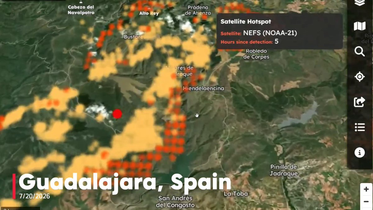 New satellite hotspots mapped on FireMap for #IFLaMierla as flames crest the Sierra del Alto Rey in Guadalajara, seen here in the pre-dawn hours. Now 16,000+ ha — the largest fire in the province's history. Copernicus perimeter will go live once available. #España 📷 J. Castañón