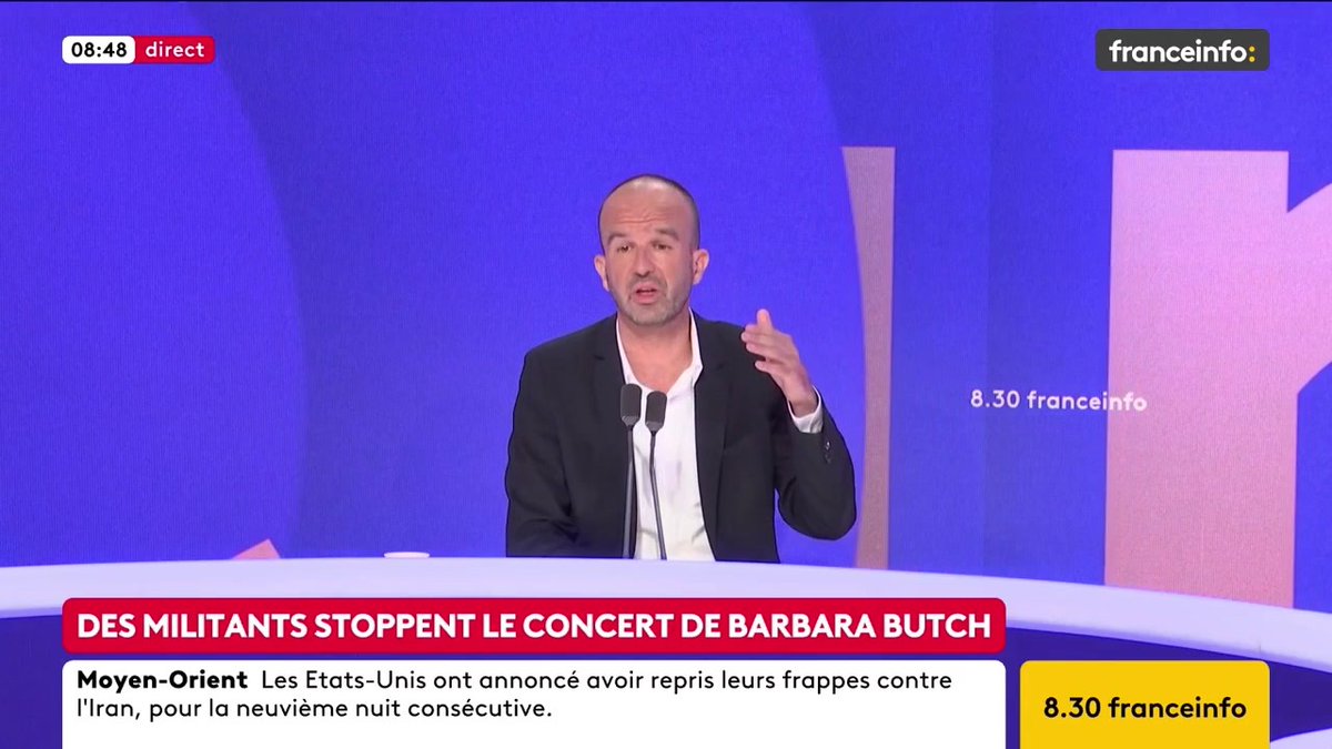 🔴 Des militants stoppent le concert de Barbara Butch ➡️ "Elle a décidé de prendre une position politique et je peux comprendre que cette position politique puisse générer une protestation, à partir du moment où cette protestation est pacifique", dit Manuel Bompard.