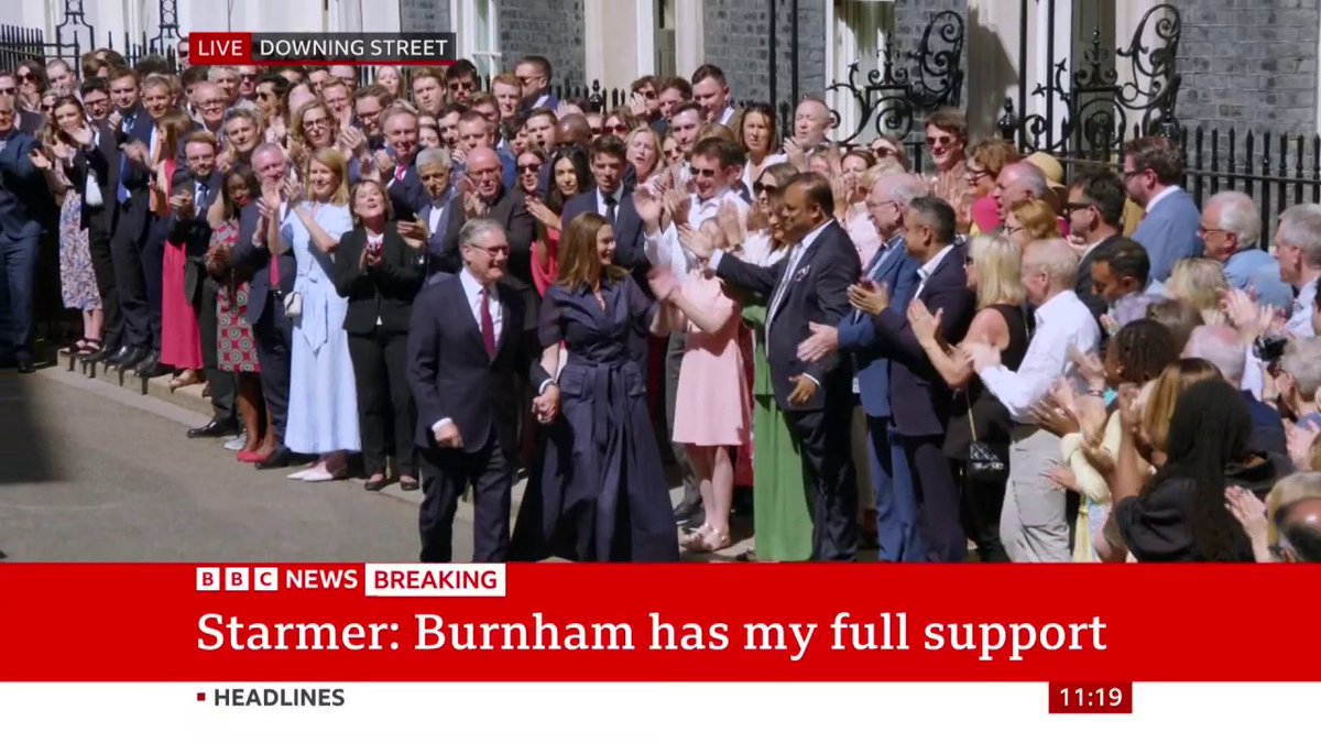 Keir Starmer, with his wife Victoria, leaves Downing Street to make his way to Buckingham Palace to resign as prime minister Follow live