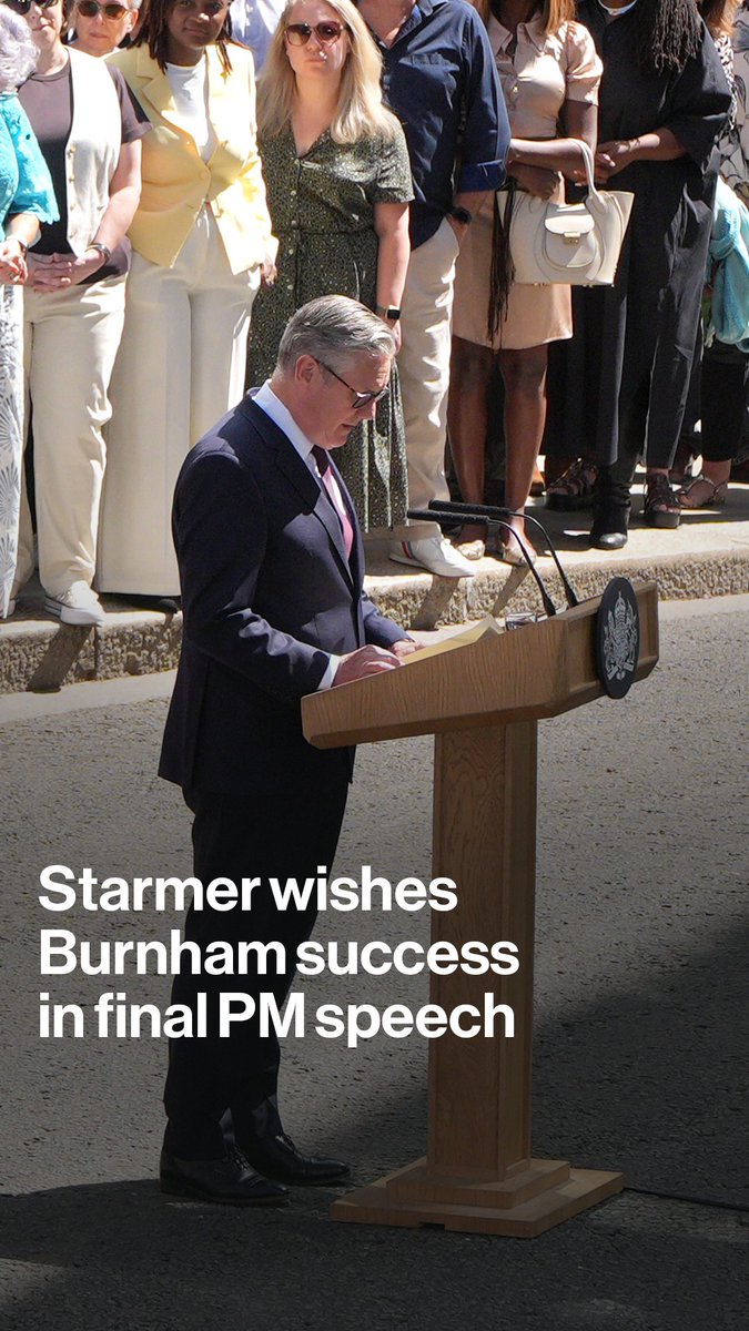 "As I pass the baton to Andy Burnham, I wish him every success. He has my full support." Keir Starmer says he leaves Downing Street "with a smile" as he resigns as the UK's prime minister