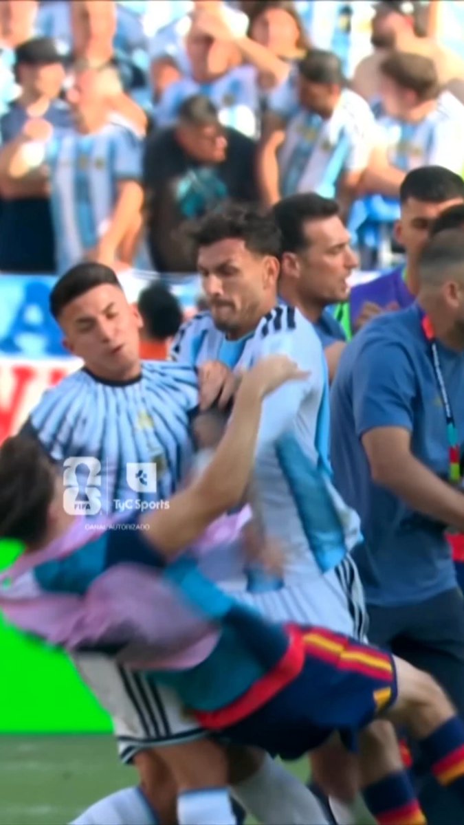 La pelea entre jugadores de Argentina y España luego de la final del Mundial.