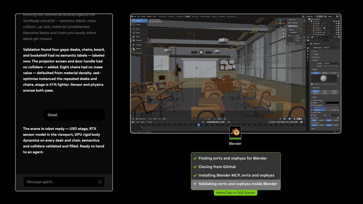 Want to put AI agents to work building simulation-ready worlds? 👀 NVIDIA Agent Toolkit now includes Omniverse libraries, giving AI agents the tools to help developers integrate physical AI capabilities into their existing 3D applications. Want to learn more? Read the full #SIGGRAPH2026 press release →
