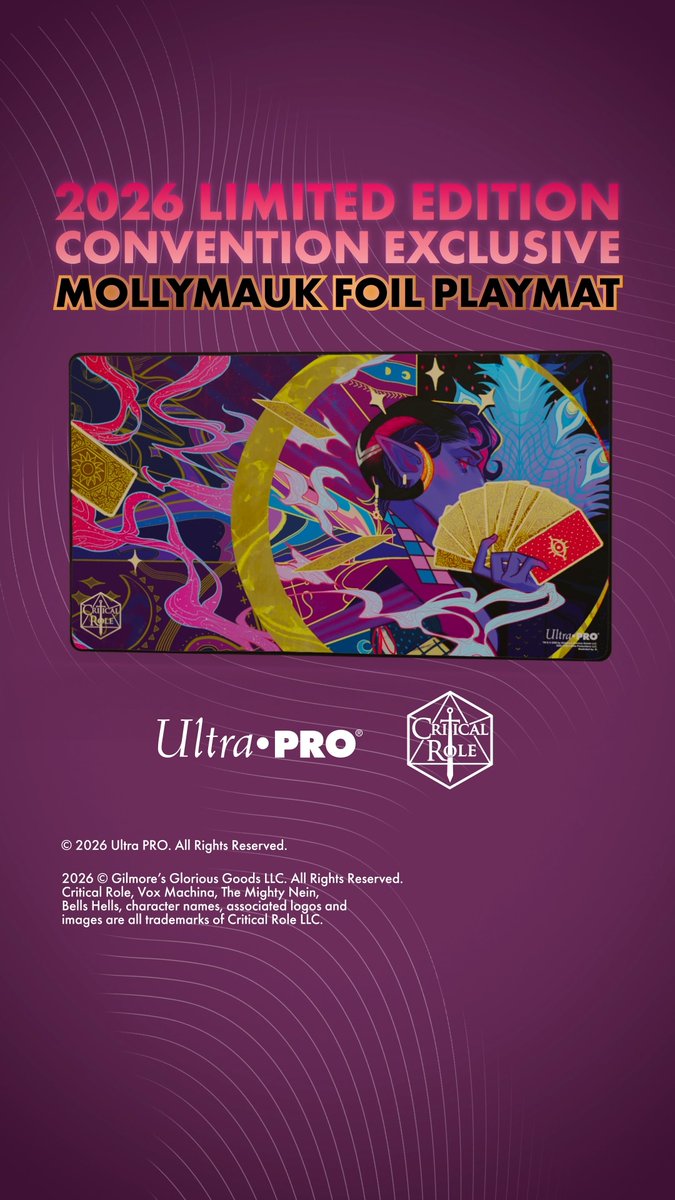 Long may he reign 👑🦚 Our Gen Con exclusive playmat flawlessly showcases Mollymauk Tealeaf in gold foiling, just as he would have always wanted. ✨ Be sure to stop by the Ultra PRO booth at Gen Con to get your limited-edition foil playmat before they run out! Catch us at booths #701 and #2401. See you there 👁️ #CriticalRole #UltraPRO #GenCon