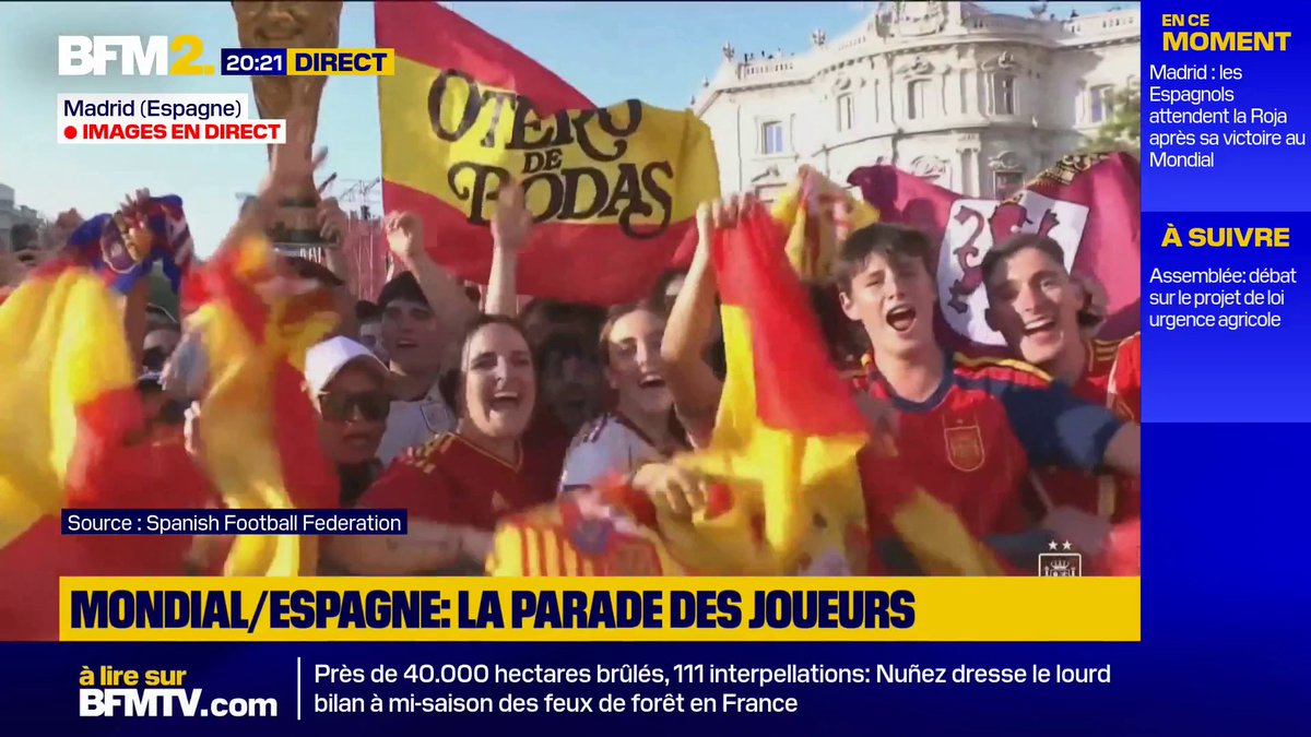 Une foule immense s'est réunie à Madrid pour accueillir l'équipe d'Espagne, championne du Mondial-2026, en parade dans les rues de la capitale #BFM2