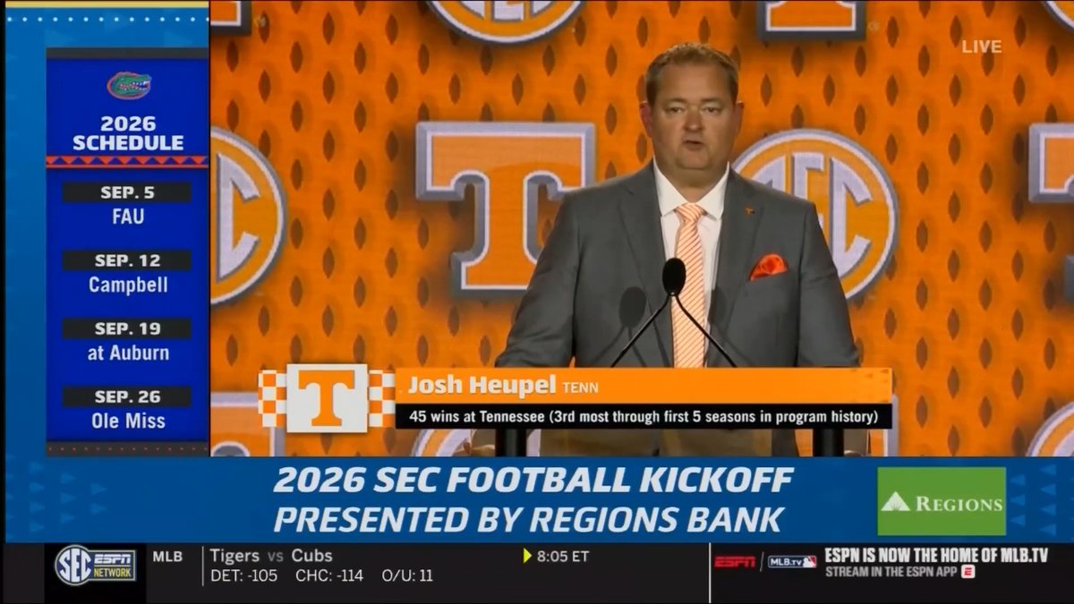 "It's an exciting time to be a Tennessee Vol" Josh Heupel 🎤 #SECMD26 x #GBO 🍊