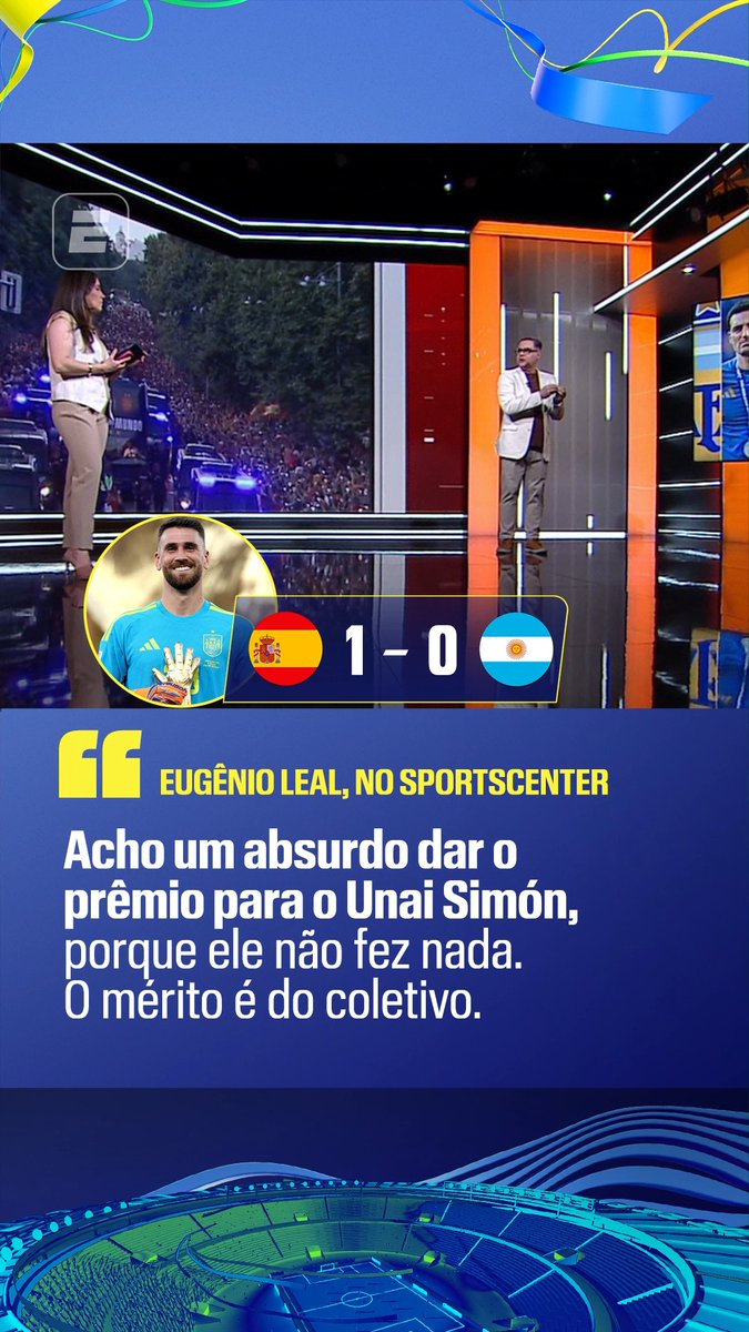 “O goleiro da Argentina fez 11 defesas ontem, 1 a mais que o goleiro da Espanha em toda a Copa do Mundo. Acho um absurdo dar o prêmio ao Unai Simón, porque ele não fez NADA. O mérito é do coletivo.” 🎙️ Eugênio Leal, na ESPN. 🎥 ESPN Brasil SportsCenter Brasil