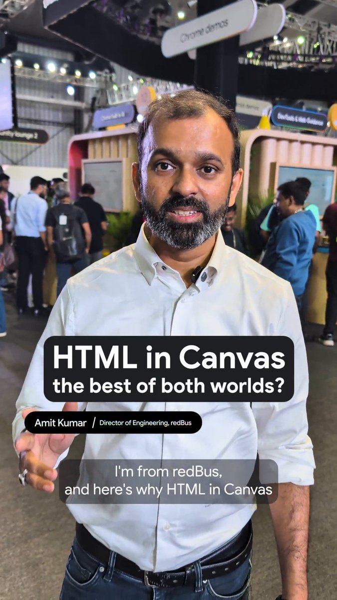 Straight from the floor of #GoogleIOConnect India! We spoke with redBus Director of Engineering, Amit Kumar, for a quick lightning round about HTML-in-Canvas. Hear how they are using the new API to level up their web UI experiences 👇 #BuildwithGemini