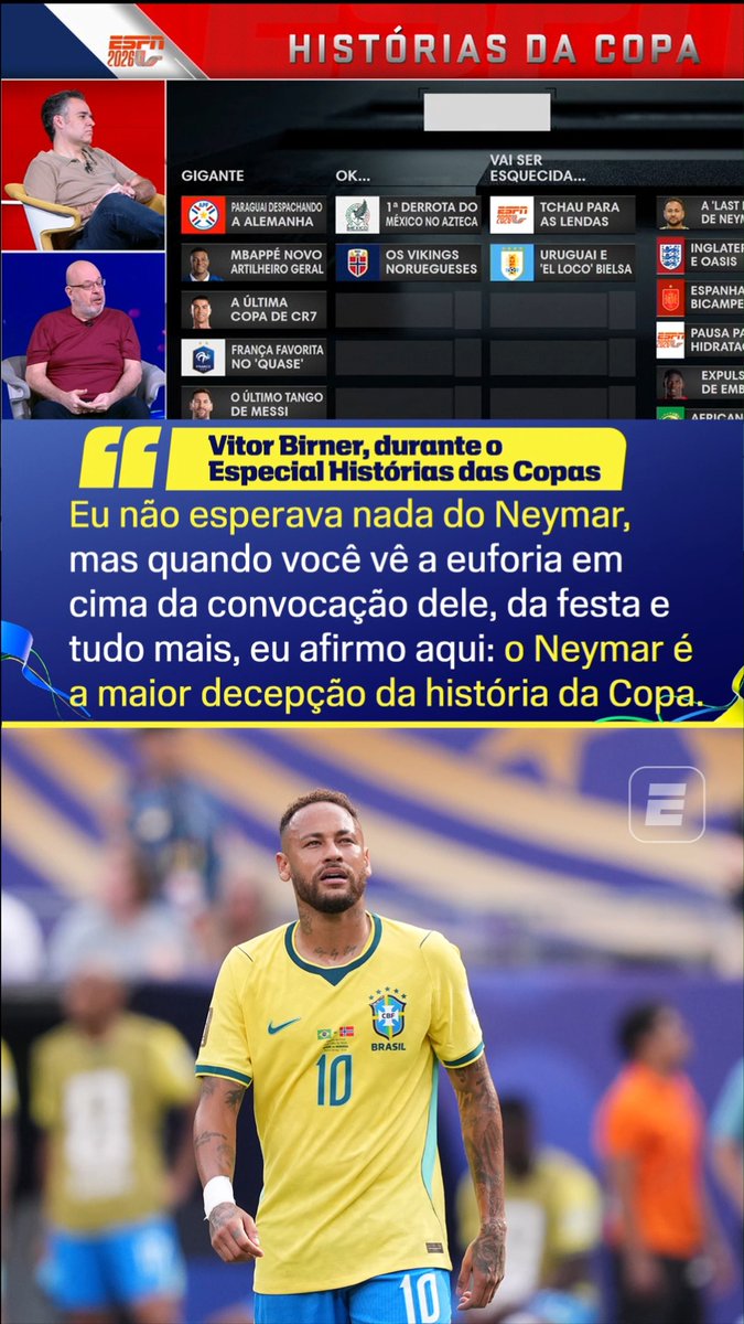 “Eu não esperava nada do Neymar (na Copa do Mundo), mas olhando a festa, a loucura e a pressão pela convocação dele, o Neymar é a maior decepção da história da Copa.” 🎙️ Vitor Birner, na ESPN. 🎥 ESPN Brasil | SportsCenter Brasil