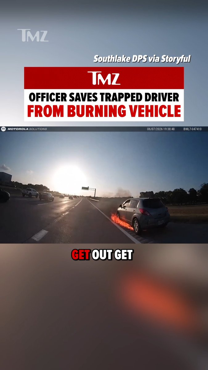 😳 A Texas police officer is being praised after pulling a trapped driver from a burning vehicle during a routine traffic stop, with the dramatic rescue caught on camera. Police say the driver did not sustain any serious injuries.