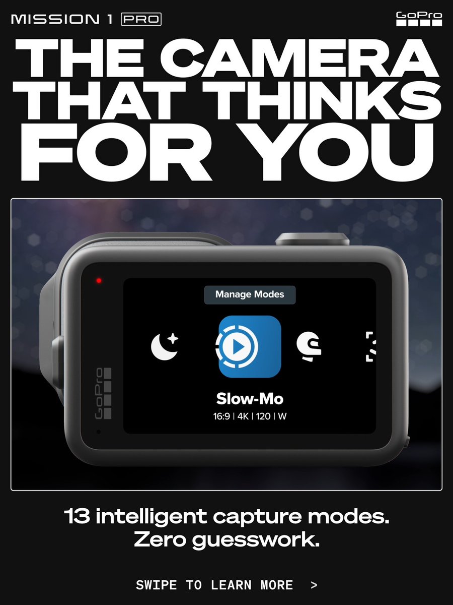 #GoProMISSION1 PRO Deep Dive—Part 5 of 6 🎥 You focus on shooting, the camera does the thinking. MISSION 1 PRO meets you where you are, letting you choose from 13 adaptive modes that read your environment + set everything for the shot. The specialized modes run on neural libraries built right into the camera, handling noise reduction alongside face + body detection on the fly with no phone or post required. Powered by the 1-inch sensor's Quad Bayer architecture, Low Light Mode pulls in more light + holds detail across highlights + shadows, so dim scenes look natural, not noisy or riddled with AI artifacts. Dive Mode auto-corrects color + tunes stabilization the moment you drop below the surface, so underwater footage stays true-to-life instead of washed-out blue. Subject Tracking keeps you locked in to the center of the frame as you move—just hit record and let it follow. And when you want to take the reins, the same camera opens up full pro control: 10-bit color, GP-Log2 with LUTs, HLG HDR, real-time readouts for ISO, shutter + white balance, + Timecode Sync to line up every angle in the edit. Point + shoot when you want to move fast, take full manual control when the shot calls for it. Shop MISSION 1 PRO at or at your local retailer 🛒 #GoPro #Cinematic #Videography