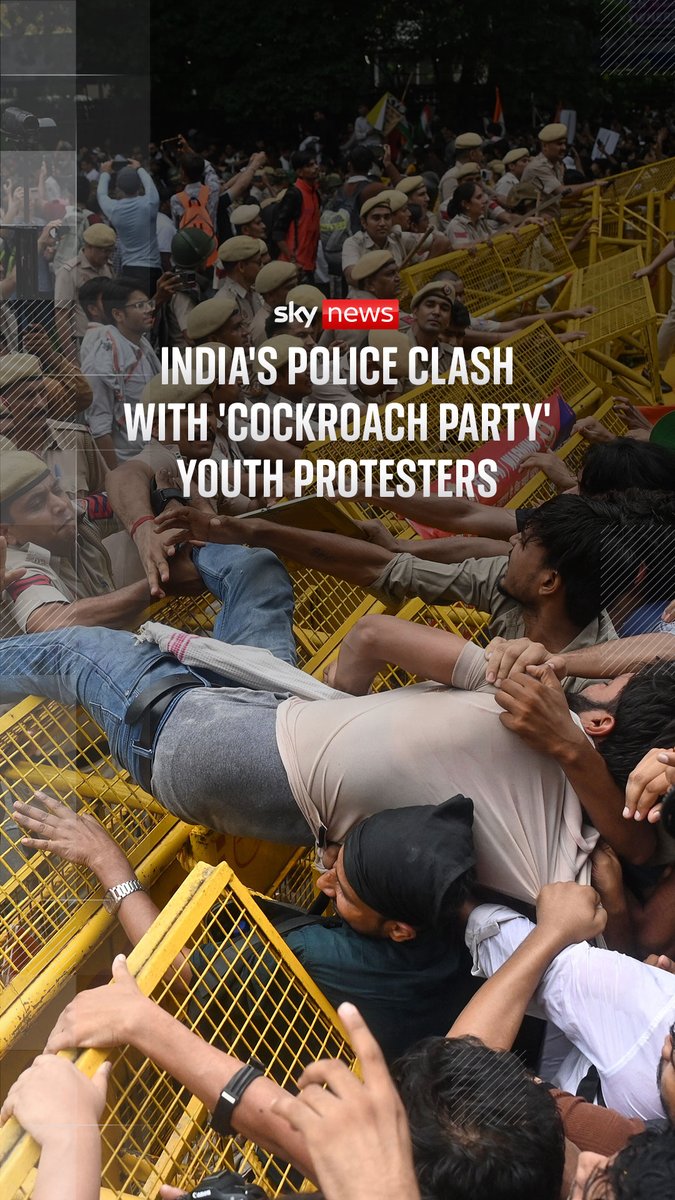 Supporters of India's youth-led "cockroach" movement faced police batons and tear gas as they tried to march to parliament to demand the education minister's resignation. @NevilleSkyNews reports ⬇️ Latest: