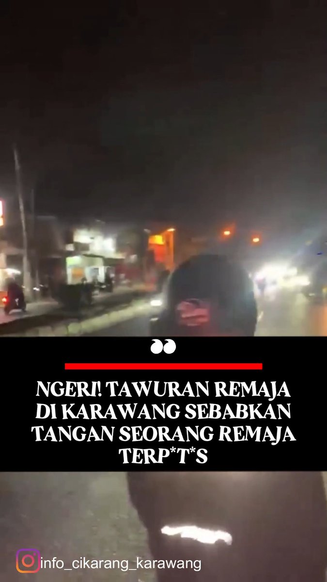 Ngeri! Tawuran Antarremaja di Karawang, Seorang Korban Diduga P*t*s Tangan Aksi tawuran antar remaja kembali terjadi di Kabupaten Karawang. Peristiwa tersebut berlangsung di Jalan Raya Pancawati, Kecamatan Klari, pada Senin (20/7/2026) sekitar pukul 22.00 WIB, dan sempat mengganggu arus lalu lintas serta membuat warga sekitar resah. Berdasarkan rekaman video yang beredar, bentrokan terjadi di tengah jalan dengan menggunakan senjata tajam. Dalam insiden tersebut, seorang remaja diduga mengalami putus tangan akibat sabetan senjata tajam. Peristiwa itu menghebohkan warga dan kembali memunculkan kekhawatiran terhadap maraknya aksi tawuran yang melibatkan remaja. Hingga berita ini ditulis, kepolisian belum memberikan keterangan resmi terkait kronologi, identitas pelaku, jumlah korban, maupun penanganan kasus tersebut. Sumber video: IG/info_cikarang_karawang