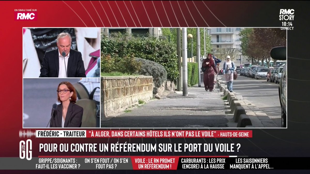 🧕 Pour ou contre un référendum sur le port du voile ? 📞 Frédéric, traiteur, au 3216 : "J'ai travaillé à Alger en 2015 pour un hôtel. Aucune femme voilée dans l'hôtel géré par l'État. Ils voulaient se mettre à la mode de l'Occident. J'étais choqué." #GGRMC