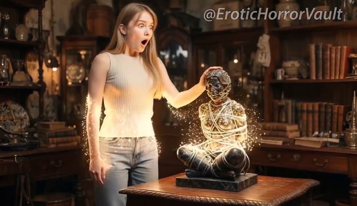 In a dusty antique shop, a curious young woman discovers a mysterious bronze statue... The curse awakens. Metal wires come alive. She becomes the newest exhibit. #EroticHorror #CursedObject #Bondage #DarkFantasy