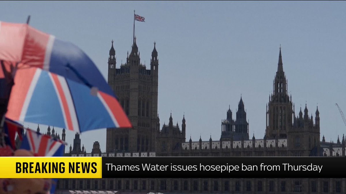 BREAKING: Thames Water issues hosepipe ban from Thursday, prohibiting all customers from using them to water gardens, clean cars, fill paddling pools, or top up hot tubs. 📺 Sky 501, Virgin 602, Freeview 233 and YouTube