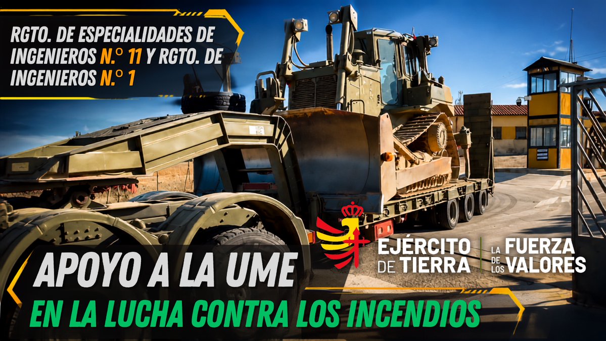 🔴 Medios del Regimiento de Especialidades de Ingenieros n.º 11 (#REI11) y del Regimiento de Ingenieros n.º 1 (#RING1), despliegan desde sus bases en #Salamanca y #Burgos, con destino a #Guadalajara. 👉 Las máquinas empujadoras D5 y D7 se incorporarán al dispositivo desplegado para apoyar a la Unidad Militar de Emergencias UME en las labores de extinción del incendio forestal de La Mierla, #IFMIERLA. ¡Todo nuestro apoyo al personal desplegado que trabaja en la extinción! 💪 #OrgulloIngenieroZapador #SomosTuEjército 🇪🇸