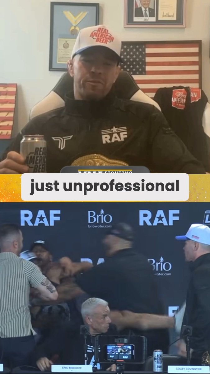 Colby Covington reacts to "unprofessional little clown" Belal Muhammad starting melee at RAF 11 post-fight press conference: "That’s the type of person that he is. Belal, no one remembers his name, f*cking whatever the f*ck his last name is." (🎥: @mikeHeck_JR)