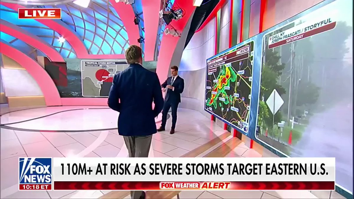 STARTING NOW: More than 110 million Americans are in the path of severe storms as a dangerous round of heavy rain and damaging winds sweeps across the eastern U.S. The Tri-State area is bracing for torrential downpours through the evening, while more than 35 million people face the threat of destructive straight-line winds—the greatest hazard expected with these storms. More than a dozen states are also under the threat of possible tornadoes as forecasters warn conditions could rapidly deteriorate throughout the day. Stephen Morgan and BILL HEMMER report.