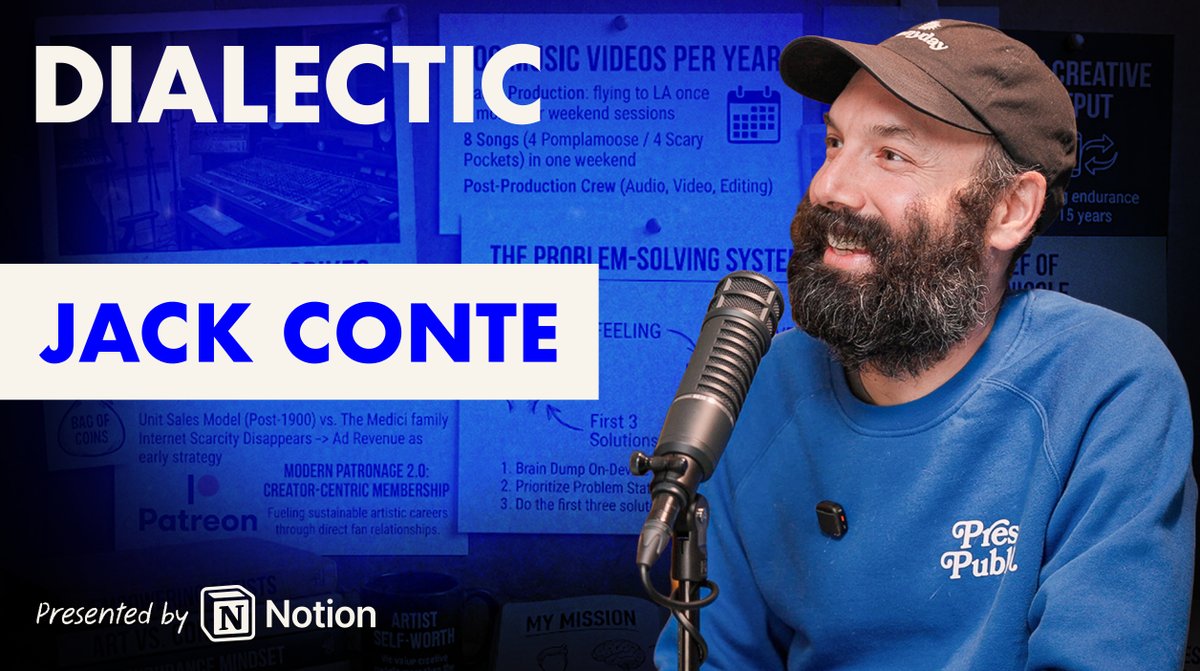 Dialectic 52: Jack Conte! Jack is not an entrepreneur who makes art on the side. He is a lifelong artist and musician who became the unlikely founder and CEO of Patreon, the only company he has ever worked for. At his (musical) peak, Jack was releasing 100 music videos a year between his bands Pomplamoose and scarypockets while building one of the few enduring creator platforms on the web. He started Patreon to solve his own problem as a full-time YouTuber: he wanted fans to pay him directly for his work rather than accepting a dashboard that told him 3 million views were worth $18. Patreon is rare amongst its peers: it's a platform built first and foremost for creators, not consumers. It makes money when creators get paid. Jack believes that incentive alignment has helped Patreon earn creators’ long-term trust, and will help it endure as mediums, technology, and platforms evolve. I talked to Jack about all of this and more: - creative endurance and becoming “post-chaos” - why Silicon Valley undervalues art, brand, and storytelling - why art isn't content and getting paid isn’t selling out - creator-first incentives, trust, and 100 years of Patreon - why Jack is still the right CEO after 13 years - leadership: ambition, obsession, self-reflection, and learning from people better than you - Charlie Kaufman, authenticity, and making fans - lucid dreaming and taking more risks Timestamps: (0:00) - Opening Highlights (1:38) - Intro to Jack & Thanks to Notion (3:44) - Start: Prolific Output, Energy, Juggling, Endurance, and Becoming Post-Chaos (22:04) - Combining Creativity and Business and Art vs. Content (33:21) - Advertising vs. Membership & Patronage vs. Patreon (44:06) - Jack’s First and Only Job, and Silicon Valley’s Undervaluing of Creativity, Brand, and Storytelling (and Patreon) (55:17) - Building for Creators First, Incentive Alignment, Trust, 100 Years of Patreon, and Why Jack Is the Right CEO for Now (1:04:49) - Leadership: Types of Ambition, Obsession, Self-Reflection, Bias to Action, and Learning from Others (1:12:59) - Talent vs. Enthusiasm, Being Proud of What You Make, Making Fans and Being True, Managing Parasociality, and Community (1:28:30) - Filmmaking, Labels and Collectives vs. Individuals, Breaking Patterns, Creative Intimacy, Music, Patreon’s Origin, Persistence, Lucid Dreaming, and Taking Risks (1:49:26) - Thanks Again to Notion Dialectic with Jackson Dahl Ep. 52: Jack Conte - Draw the Next Page - is out now, below and on all platforms.