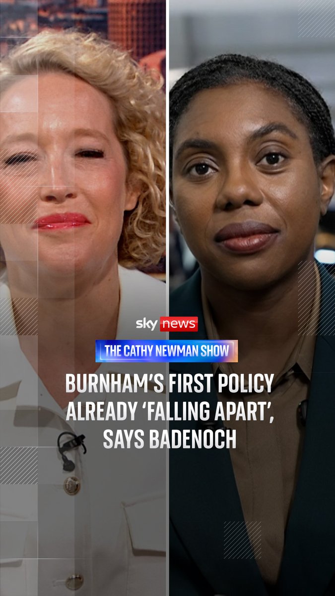 Andy Burnham's first policy is already "falling apart" over funding questions, Tory leader Kemi Badenoch tells Cathy Newman. It's after top Starmer ally Darren Jones - who only left government yesterday - said Burnham's plan to scrap VAT on electricity bills was "unfunded".