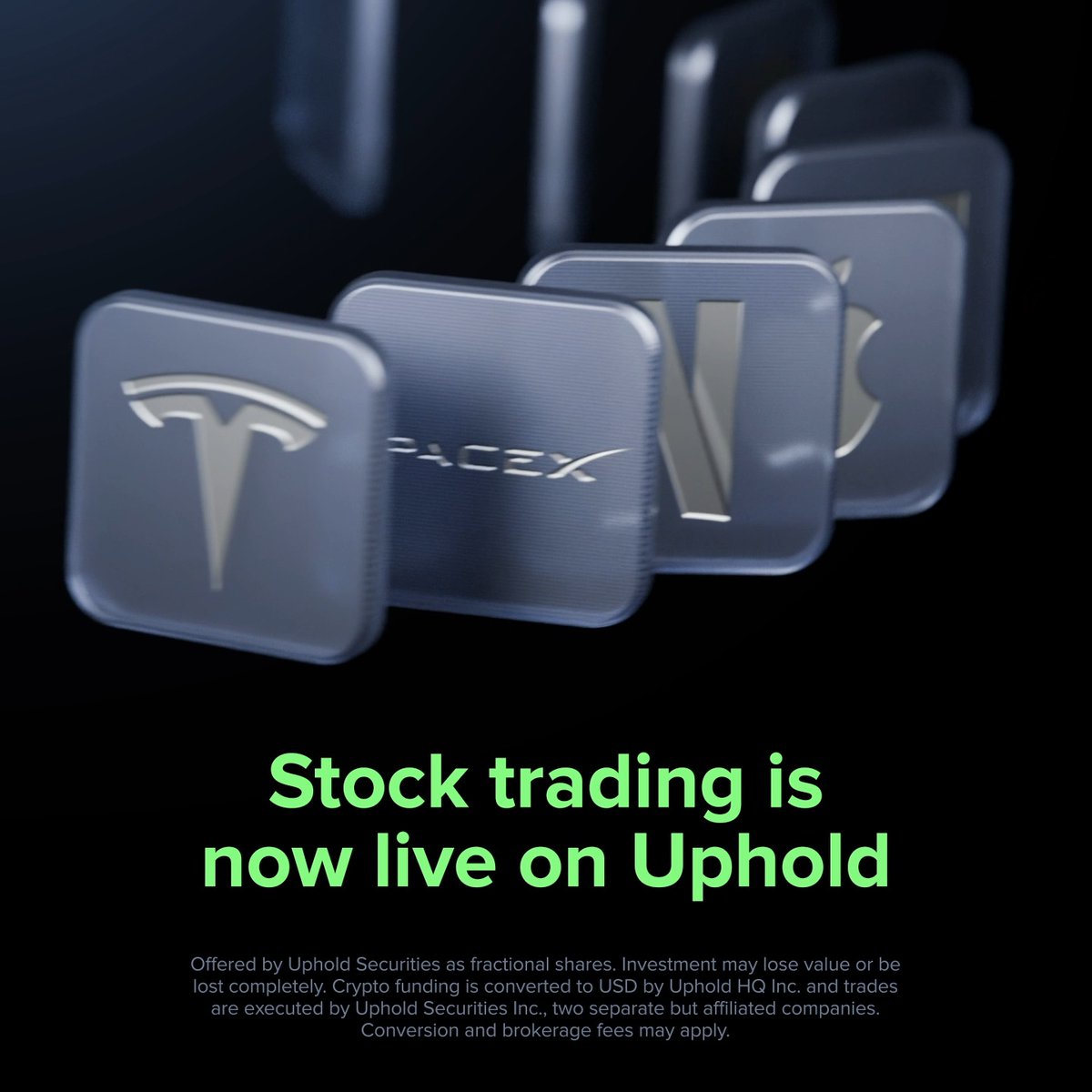 Big news: Stock trading is live on Uphold! 🔥 Seamlessly swap your crypto for top stocks like SpaceX and Apple in one step. → 4,000+ U.S. stocks & ETFs → Get started with as little as $5 → 0% commission on cash-to-stock & ETF trades* Build a multi-asset strategy in the Uphold App 📲 Other charges may apply. See Fee Schedule. Offered by Uphold Securities as fractional shares. Investments may lose value or be lost completely.