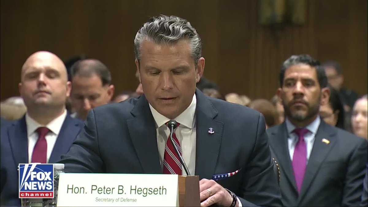 BREAKING: Protesters interrupt Secretary of War Pete Hegseth's testimony before the Senate multiple times, and hold up signs that read 'No War on Iran.' One protester was heard yelling, "Your hands are bloody." All 4 protesters were escorted out by Capitol Police.