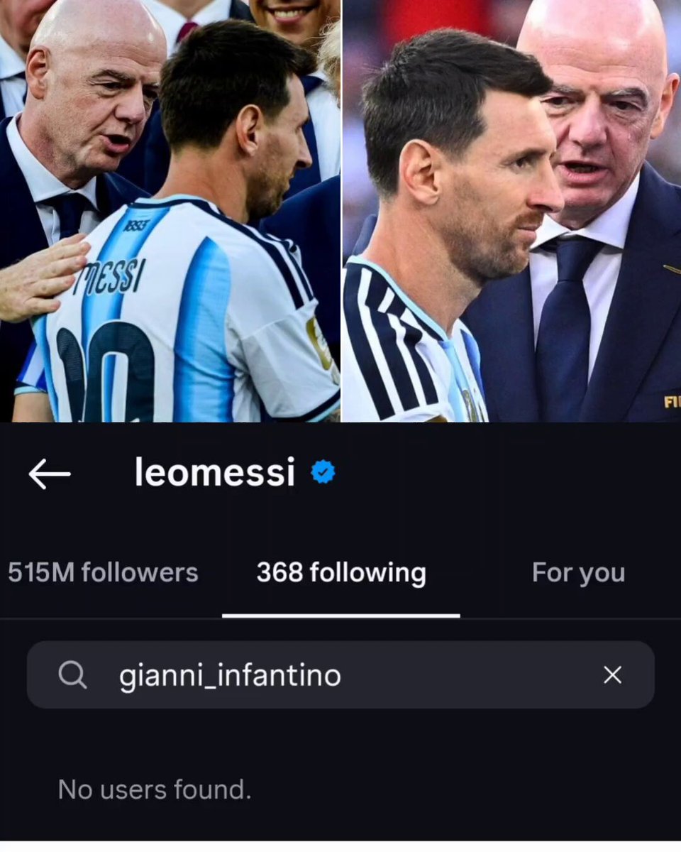 🚨 MESSI HAS UNFOLLOWED THE FIFA PRESIDENT AFTER THE WORLD CUP FINAL MESSI REFUSED TO ACKNOWLEDGE INFANTINO AND DIDN'T EVEN LOOK AT HIM DESPITE INFANTINO'S BEST EFFORTS TO CONSOLE HIM. NOW HE HAS TAKEN TO INSTAGRAM TO UNFOLLOW HIM. WHY IS HE SO UPSET WITH HIM? 🤯