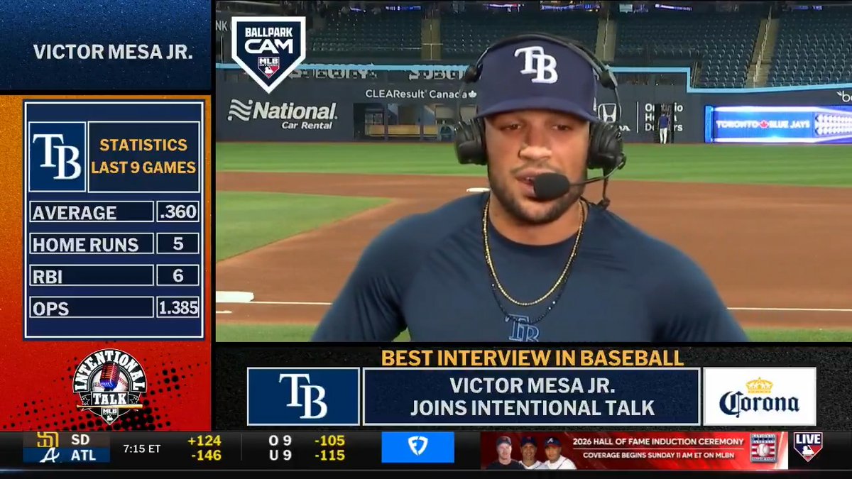 "I haven't been a power hitter in my career... thank God they're going out." 😂 Tampa Bay Rays outfielder Victor Mesa Jr. has five HR and a 1.385 OPS in his last nine games, including three straight games with a HR! MLB Network + Corona USA