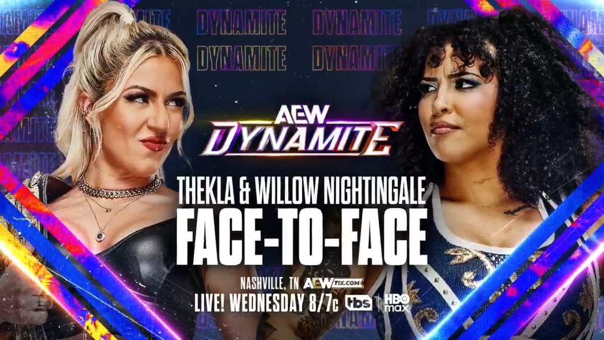 #AEWDynamite LIVE, 8/7c, TBS &amp; HBO Max Tomorrow, 7/22! AEW Women's World Champion @Toxic_Thekla &amp; @WillowWrestles Face-To-Face DAYS ahead of their title match at #AEWRedemption, Thekla and Willow Nightingale will meet face-to-face LIVE on Dynamite, TOMORROW!