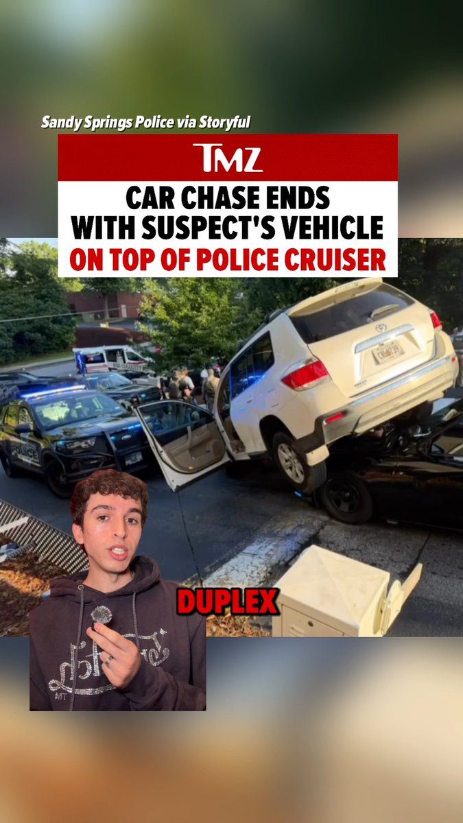 Suspect Jorge Luis Delgado-Bermudez’s car ended up on top of a police cruiser after slamming into a concrete barrier during a chase in Sandy Springs, Georgia, on July 17.