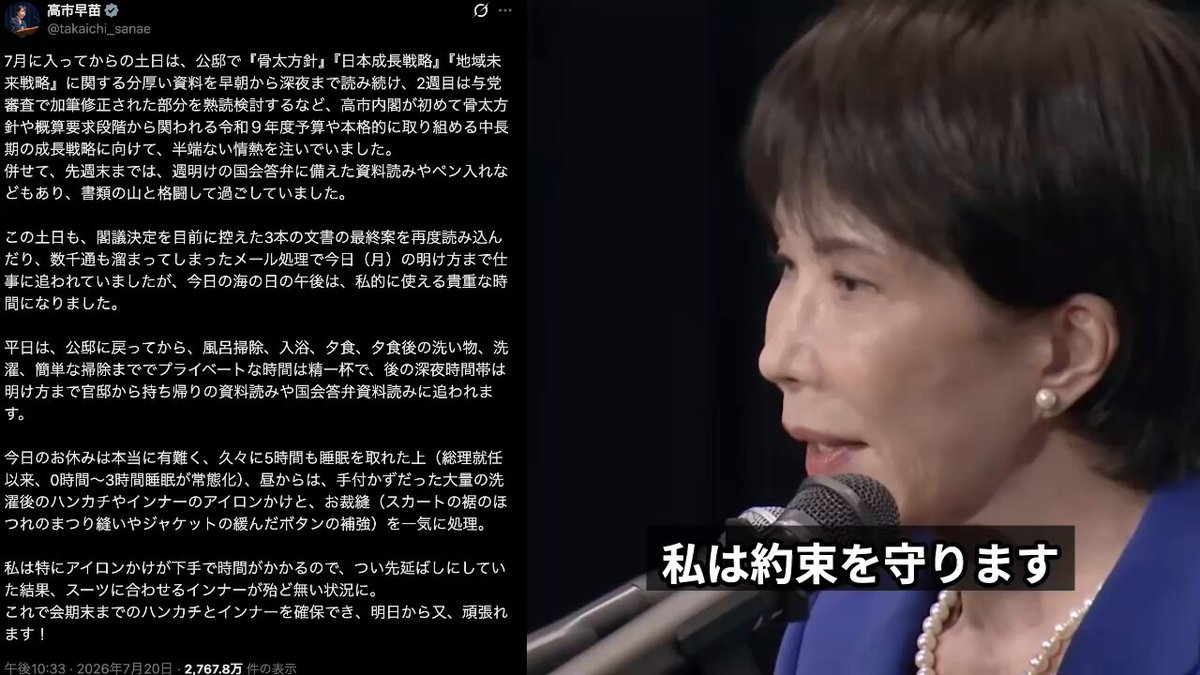 【悲報】高市首相、守るべき約束を完全に間違えてしまう… 睡眠0〜3時間アピールの伏線回収がこれ（※動画参照）↓ ・昨年の総裁選直後、「ワークライフバランスという言葉を捨てて、働いて働いて働きまくります」とドヤ顔で宣言。 ・他に守ってない大事な約束（消費税減税など）が山ほどあるのに、なぜか「勝手に働きまくって勝手に睡眠不足になる約束」だけ律儀に守ってて草。 国民が求めてるのは、あなたの「徹夜アピール」じゃなくて「公約の実現」なんよ…。