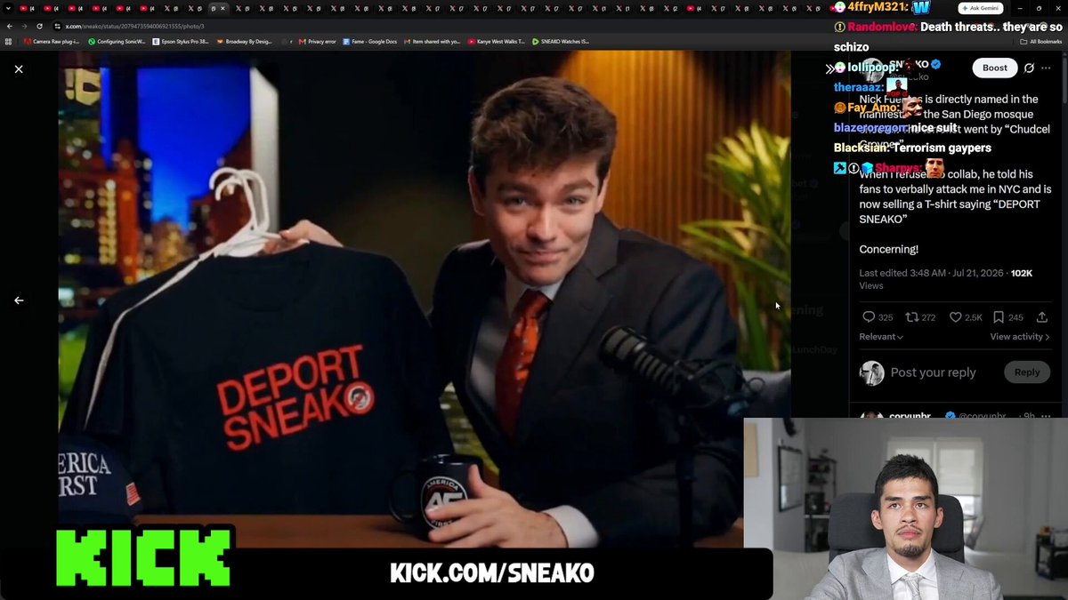 SNEAKO reads the San Diego mosque shooter’s manifesto on stream, which directly names Nick Fuentes and reveals the t-rrorist went by “Chudcel Groyper,” before calling out Nick for encouraging his fans to confront SNEAKO in NYC while Groypers pretend to be nonviolent. 😳 “One of them says, ‘We’re nonviolent.’ The next one says, ‘Sacrificing SNEAKO to get some fame wouldn’t feel an ounce bad.’ These people are literal terrorists in manifestos. I’m the one who gets called a terrorist.”