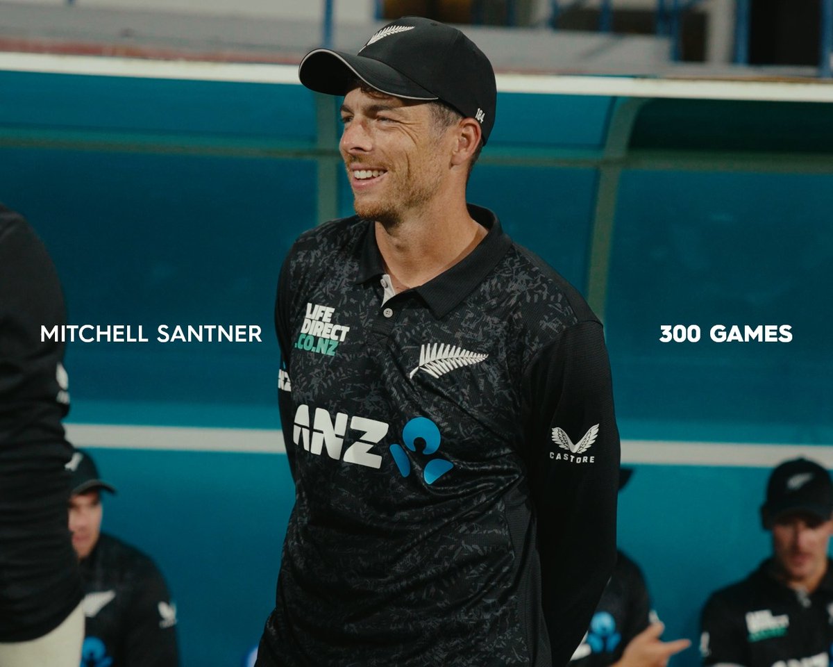 3️⃣0️⃣0️⃣ up! Mitchell Santner walks onto the field for the BLACKCAPS for the 300th time in his career - just the 9th player to do so. #WINvNZ