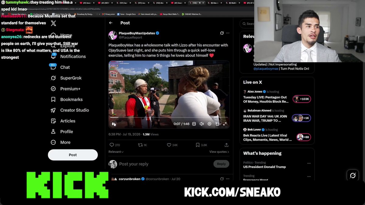 SNEAKO reacts to Lizzo putting PlaqueBoyMax through a self-love exercise after OjaySuave called him a demon and accused him of selling his soul over his Diva tattoo 😭 “They’re treating PlaqueBoyMax like he has special needs, like a Make A Wish kid. It’s unfortunate. I like him as a streamer, bro.”