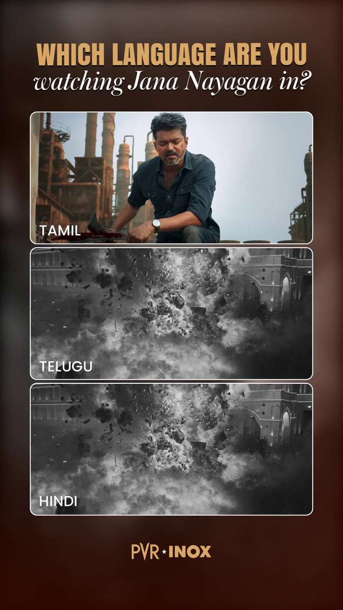 One epic blockbuster. Three languages. Which language are you watching it in? 👏🏻💯 #JanaNayagan releasing at PVR INOX on July 23! Book now: . . . #ThalapathyVijay #PoojaHegde #MamithaBaiju #BobbyDeol #HVinoth #OneLastTime Credits: KVN Productions, Zee Studios & T-Series Music All rights belong to their respective owners.